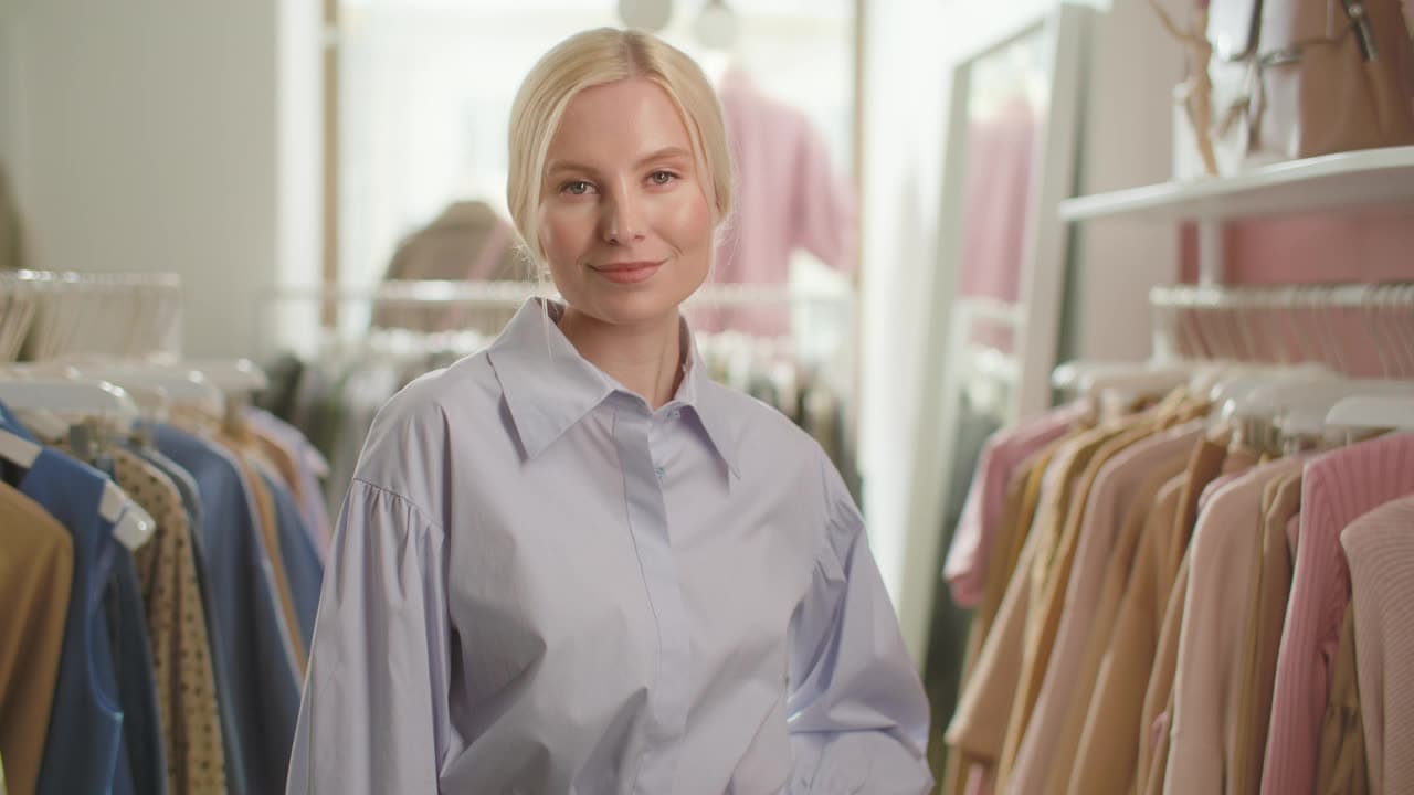 A smiling shop owner standing in her clothing boutique